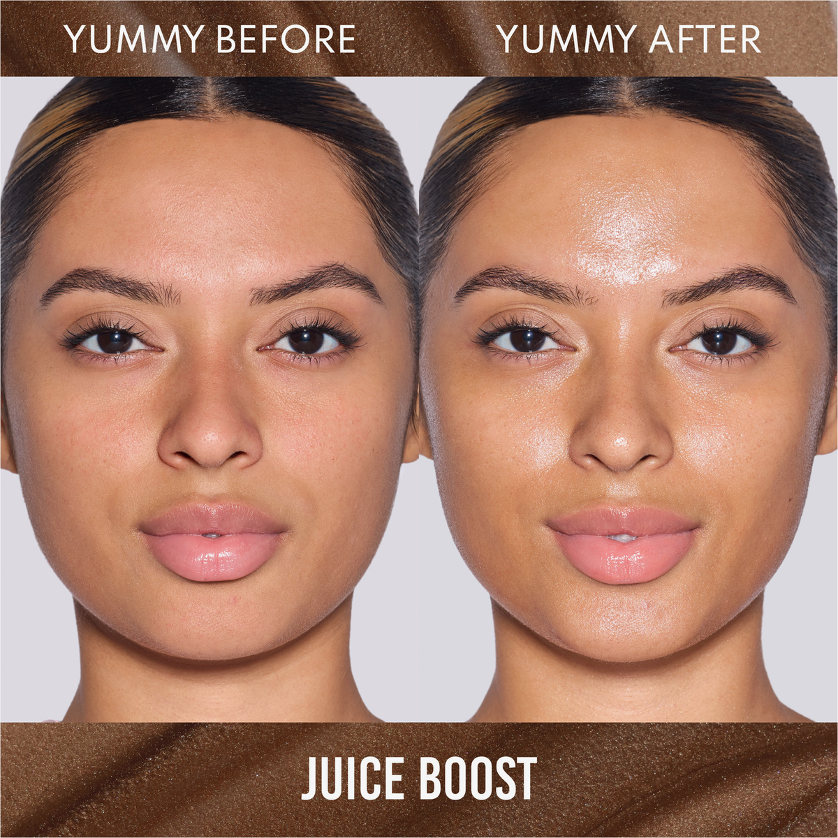 Das Gesicht einer Frau vor und nach der Anwendung von Danessa Myricks Beauty Yummy Skin Glow Serum Juice Boost für ein taufrisches, strahlendes Aussehen wird nebeneinander gezeigt.