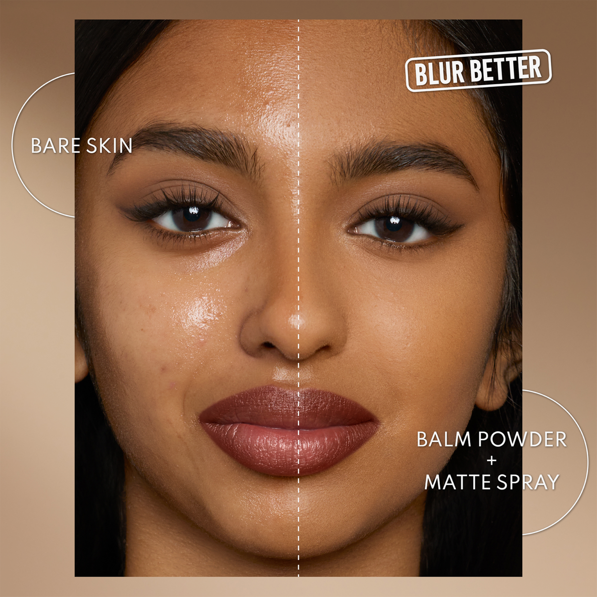 Vorher-nachher-Bild eines Gesichts: links ungeschminkte, glänzende Haut, rechts mattierte, geglättete Haut mit Balm Powder und Matte Spray.
