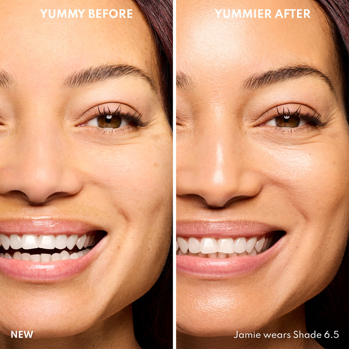 Nebeneinander liegende Nahaufnahmen des Gesichts einer lächelnden Frau vor und nach dem Auftragen von Yummy Skin Serum Tint 6.5 , die eine glattere Haut zeigen.
