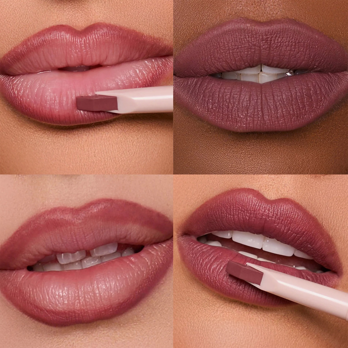 Vier Bilder des beeren-farbene Dominique Cosmetics Lip Frame Pencil "Berry Sweet" auf Lippen von Personen unterschiedlicher Hautfarbe und ein Swatch auf weißem Papier.