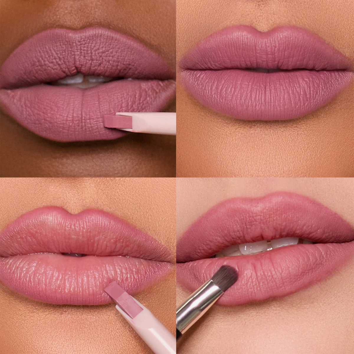 Vier Bilder des rosa-farbenen Dominique Cosmetics Lip Frame Pencil "Cool Girl Pink" auf Lippen von Personen unterschiedlicher Hautfarbe und ein Swatch auf weißem Papier.