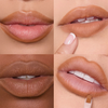 Vier Bilder des beigen Dominique Cosmetics Lip Frame Pencil "Dulce de Leche" auf Lippen von Personen unterschiedlicher Hautfarbe und ein Swatch auf weißem Papier.