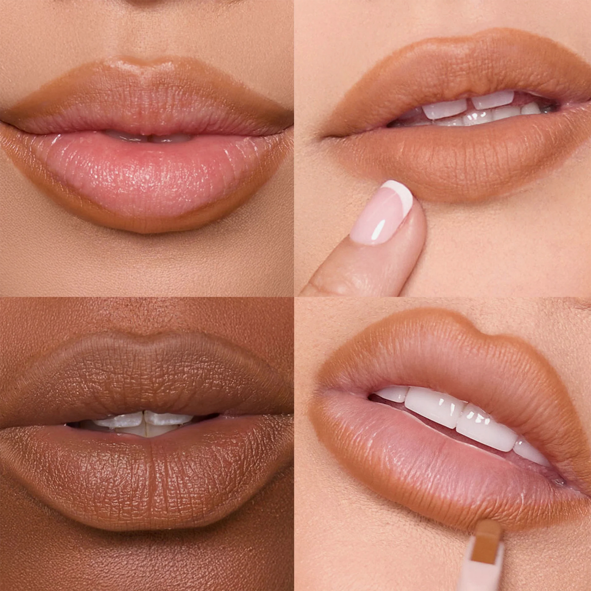 Vier Bilder des beigen Dominique Cosmetics Lip Frame Pencil "Dulce de Leche" auf Lippen von Personen unterschiedlicher Hautfarbe und ein Swatch auf weißem Papier.