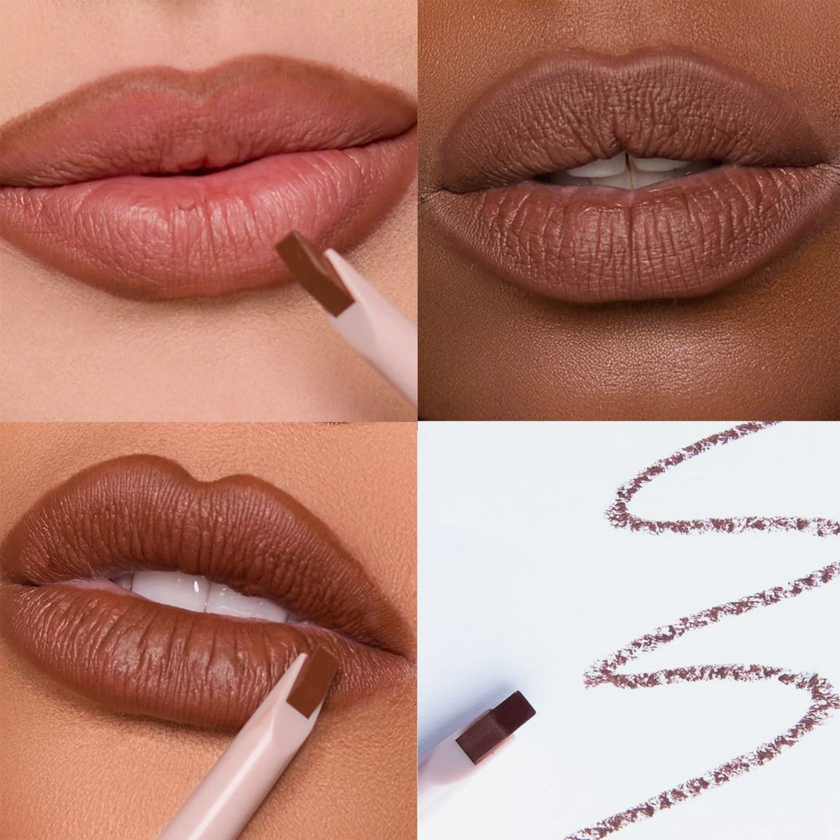 Vier Bilder des tiefbraunen Dominique Cosmetics Lip Frame Pencil "Hot Chocolate" auf Lippen von Personen unterschiedlicher Hautfarbe und ein Swatch auf weißem Papier.