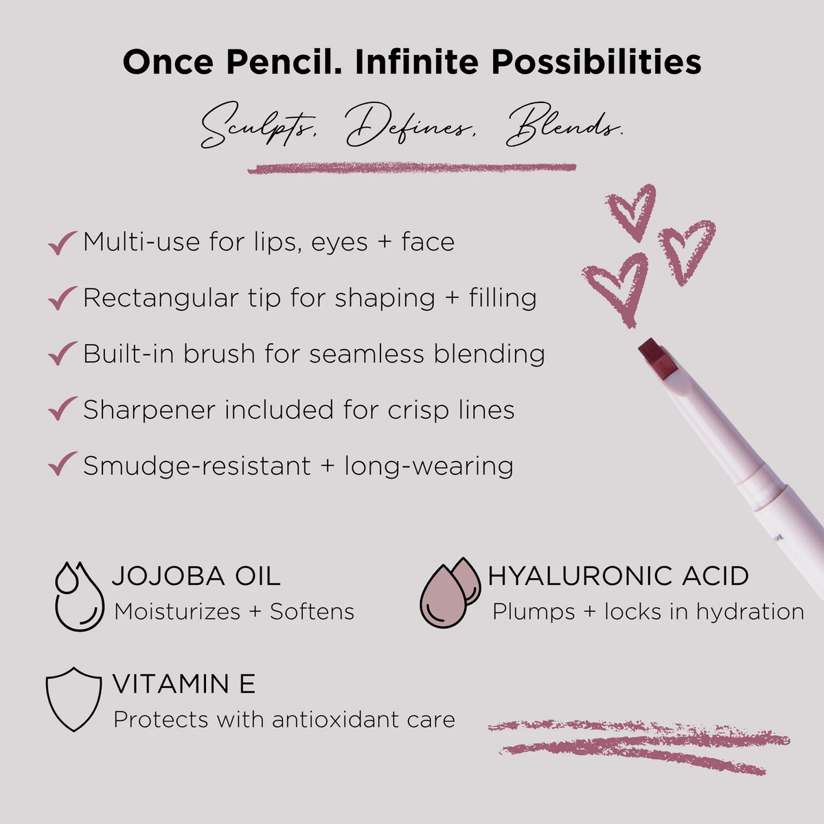 Informationsblatt zum Dominique Cosmetics Lip Frame Pencil mit allen Produktvorteilen und Sketches.