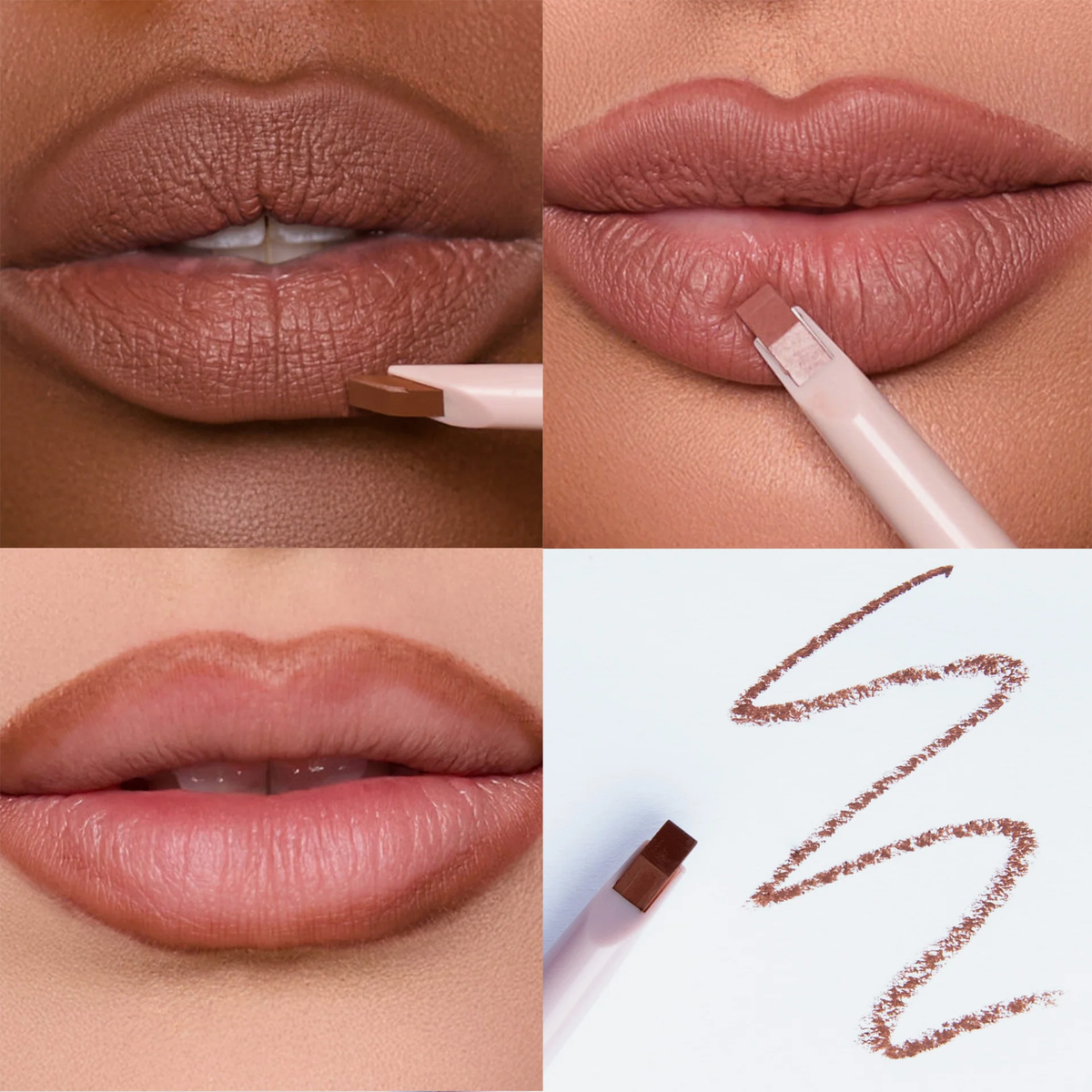 Vier Bilder des braunen Dominique Cosmetics Lip Frame Pencil "Soft Brownie" auf Lippen von Personen unterschiedlicher Hautfarbe und ein Swatch auf weißem Papier.
