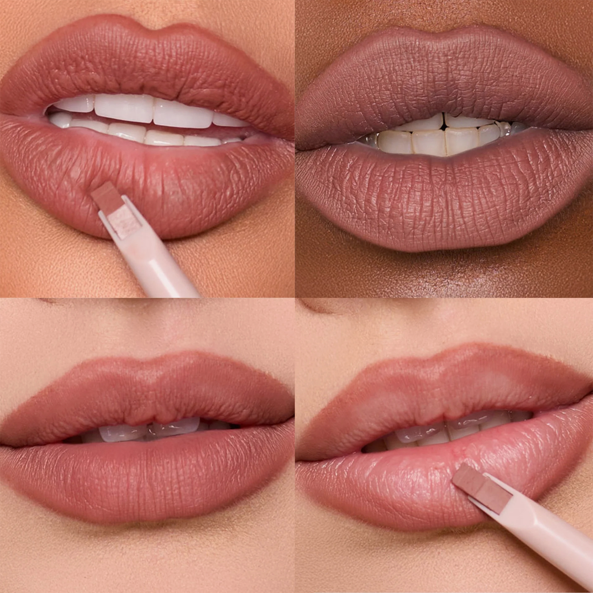 Vier Bilder des nude-rose-farbenen Dominique Cosmetics Lip Frame Pencil "Terracotta Kiss" auf Lippen von Personen unterschiedlicher Hautfarbe und ein Swatch auf weißem Papier.
