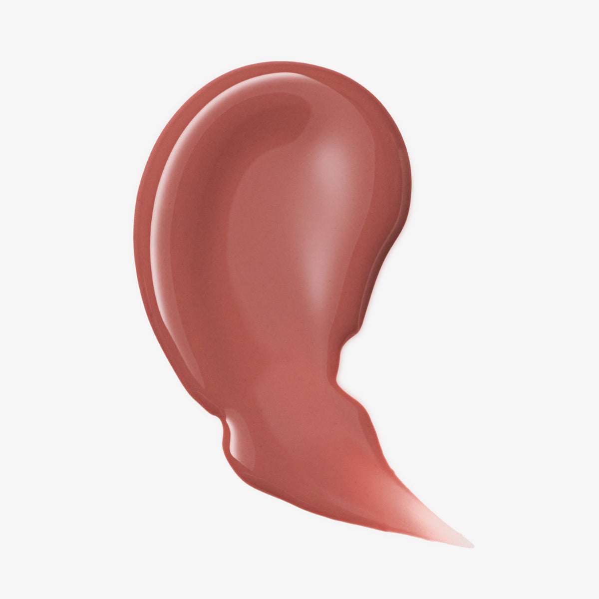 Geschwungener Tropfen nudefarbener Lipgloss mit glänzender Oberfläche auf weißem Hintergrund.