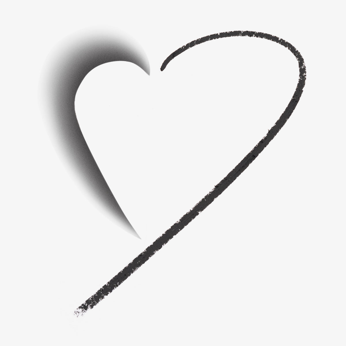 Schwarze Eyeliner-Linie in Form eines Herzens, mit weichem Verlauf auf weißem Hintergrund.