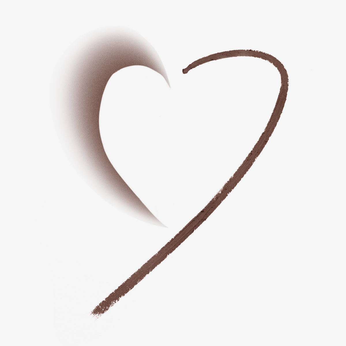 Braune Eyeliner-Linie in Form eines Herzens, mit weichem Verlauf auf weißem Hintergrund.