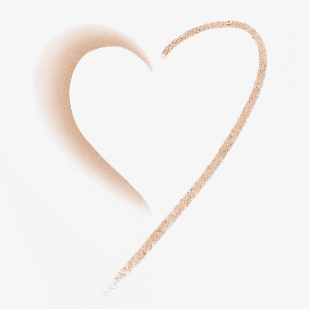 Ein schimmernder Eyeliner-Strich in Goldton, geformt zu einem Herzmotiv, auf weißem Hintergrund.