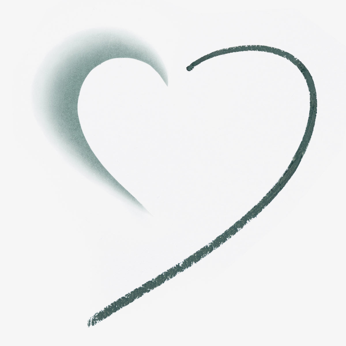 Olivfarbene Eyeliner-Linie in Form eines Herzens, mit weichem Verlauf auf weißem Hintergrund.