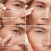 Eine Frau trägt Freck OG faux freckles von Freck Beauty mit einem Pinsel in vier Hautpflege-Tutorial-Schritten in Großaufnahme auf.