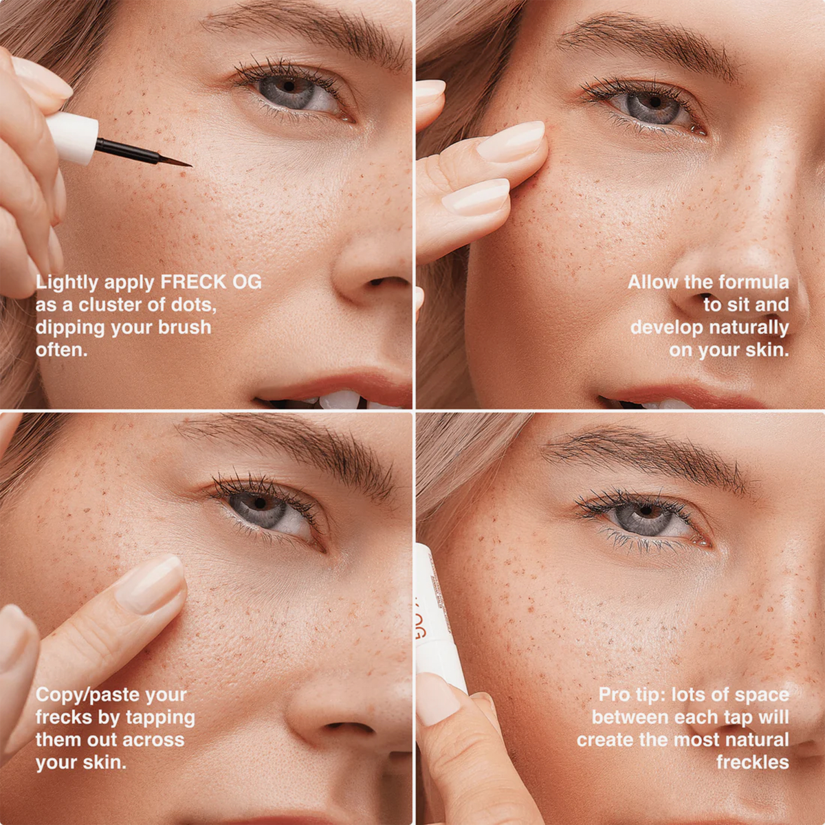 Eine Frau trägt Freck OG faux freckles von Freck Beauty mit einem Pinsel in vier Hautpflege-Tutorial-Schritten in Großaufnahme auf.