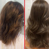 Bild vor und nach der Anwendung von HAIRtamin MOM auf welligem braunem Haar; danach erscheint das Haar glänzender und länger.