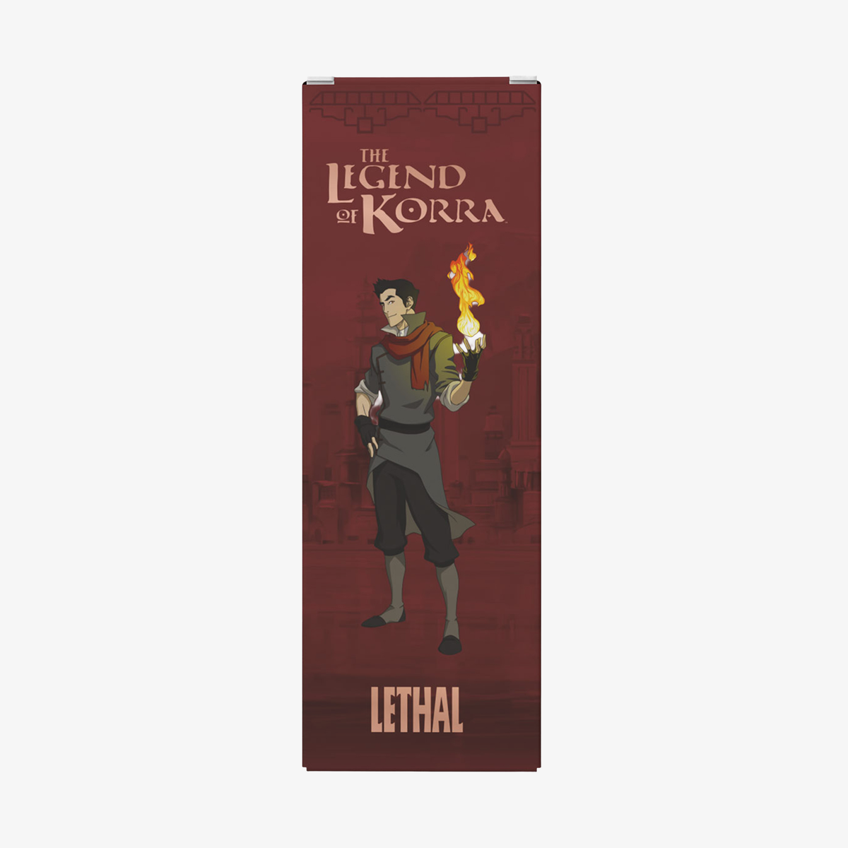 Ein animierter Mann, der eine Flamme in der Hand hält, steht auf einem kastanienbraunen Banner von „Lethal Cosmetics“ für „The Legend of Korra – Embered Lip Plumping Oil“.