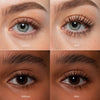 Zwei Augenpaare, die vor und nach dem Auftragen der Wimperntusche gezeigt werden, verdeutlichen die dramatische Steigerung des Wimpernvolumens.