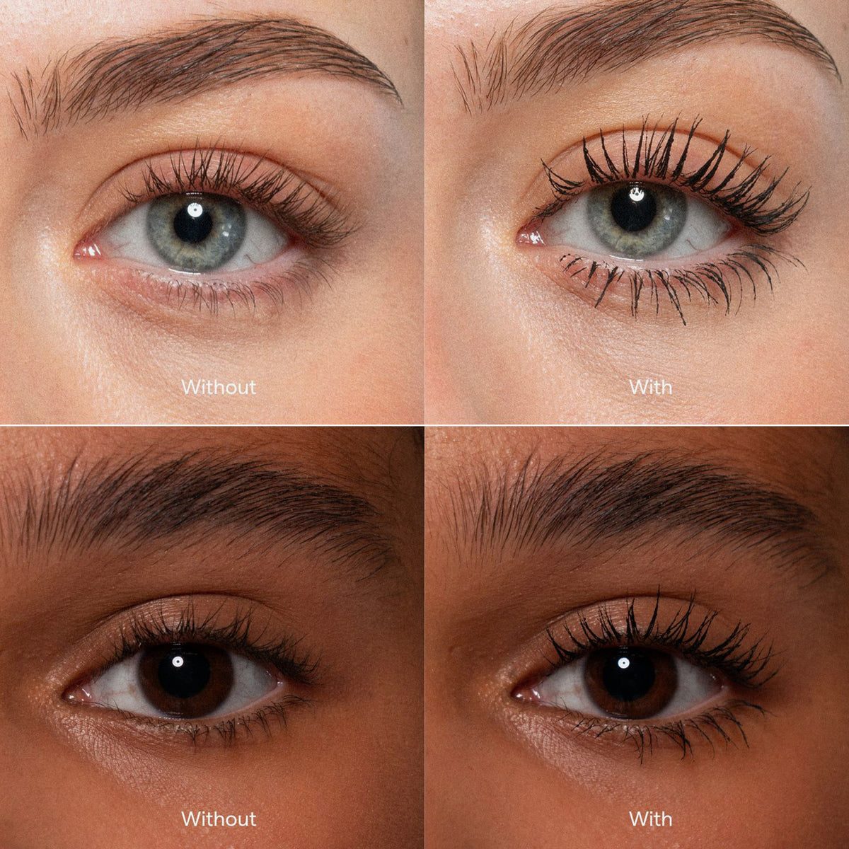 Zwei Augenpaare, die vor und nach dem Auftragen der Wimperntusche gezeigt werden, verdeutlichen die dramatische Steigerung des Wimpernvolumens.
