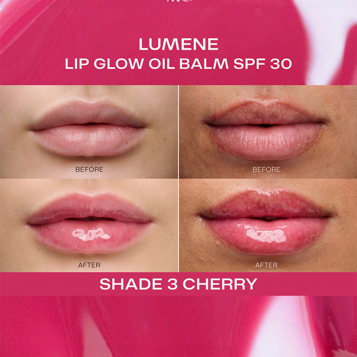 Nahaufnahmen der Lippen vor und nach dem Tragen von Lumene Lip Glow Oil Balm SPF30, Shade 3 Cherry.