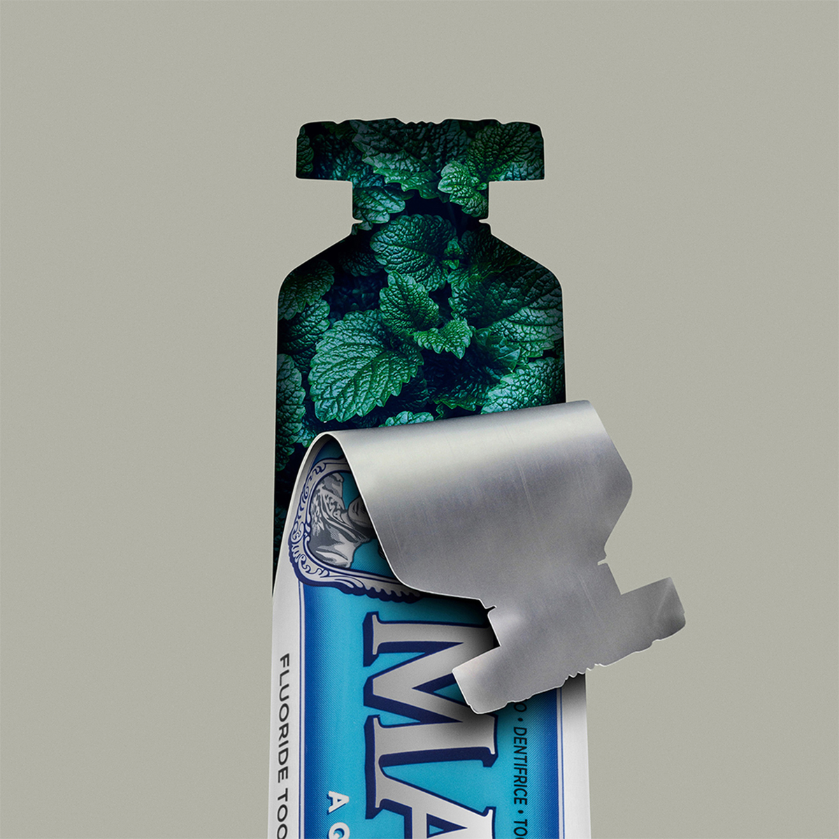 Eine Tube Marvis Zahnpasta Aquatic Mint zeigt die Silhouette eines Minzblatts, das den erfrischenden Geschmack von Aquatic Mint repräsentiert.