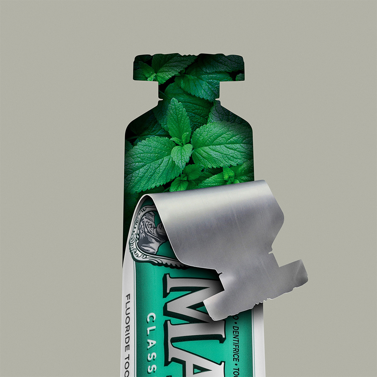 Eine ausgepackte Tube Marvis Zahnpasta Classic Strong Mint enthüllt im Inneren frische grüne Minzblätter.