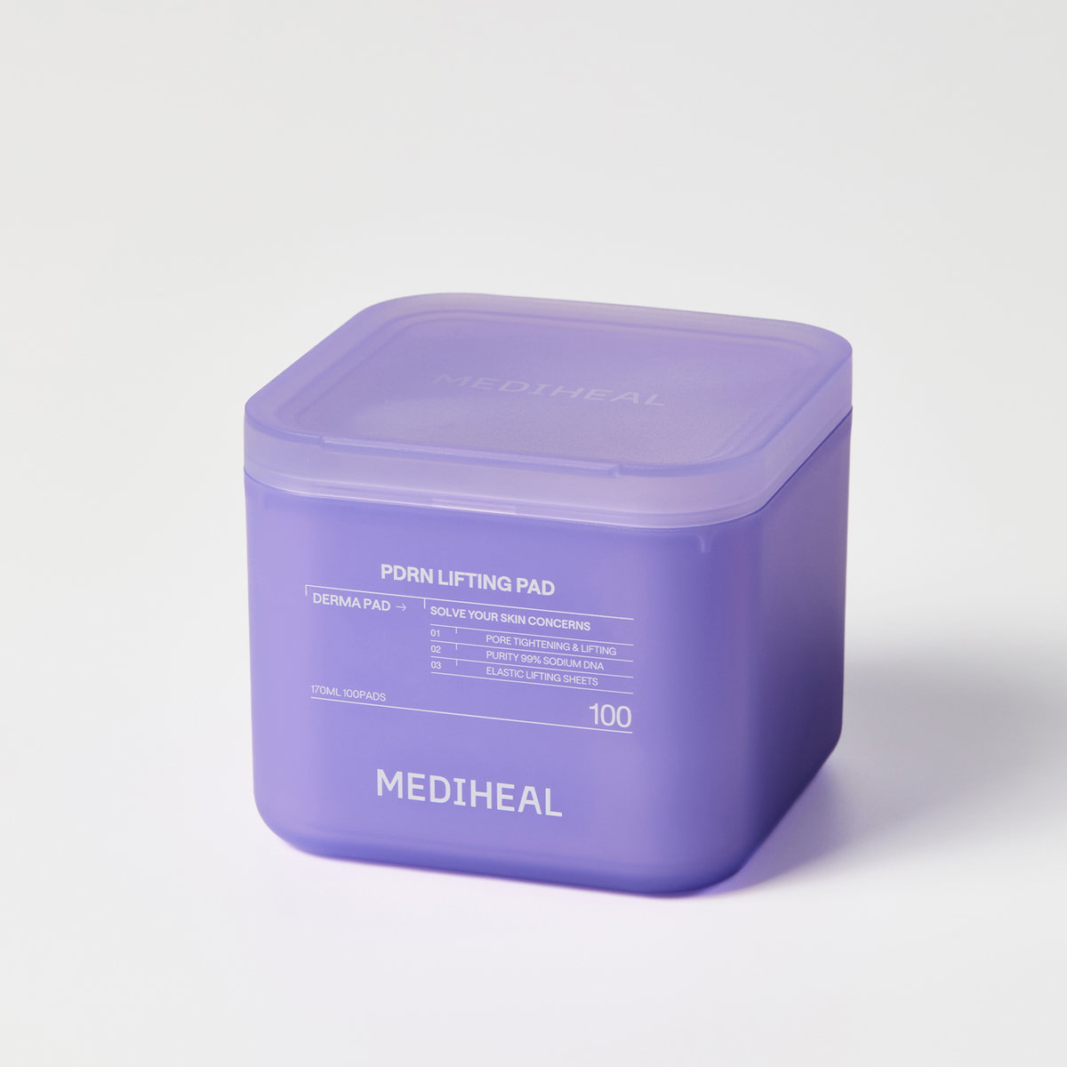 Eine violette Mediheal PDRN Lifting Pad-Verpackung mit einem durchsichtigen Deckel, die 100 Gesichtspads enthält.