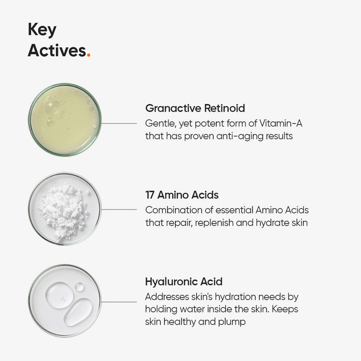 Hervorgehobene Inhaltsstoffe der Granactive Retinoid 02% Face Cream mit Granactive Retinoid, 17 Aminosäuren und Hyaluronsäure, mit Vorteilen und Bildern.