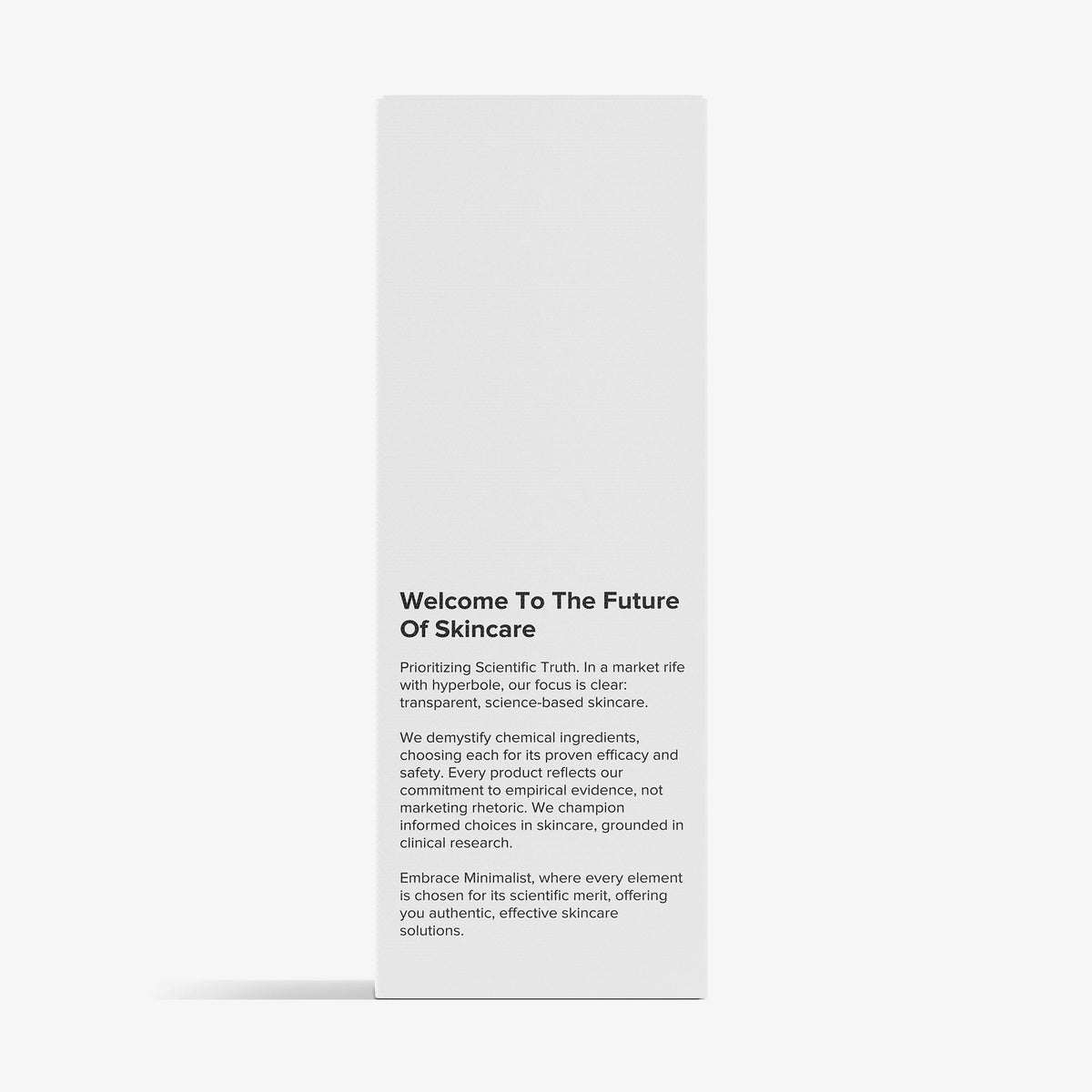 Seitenansicht der weißen Minimalist HOCl Skin Purifying Spray 150ppm Box mit Engagement der Marke für wissenschaftliche, transparente und effektive Hautpflegelösungen.