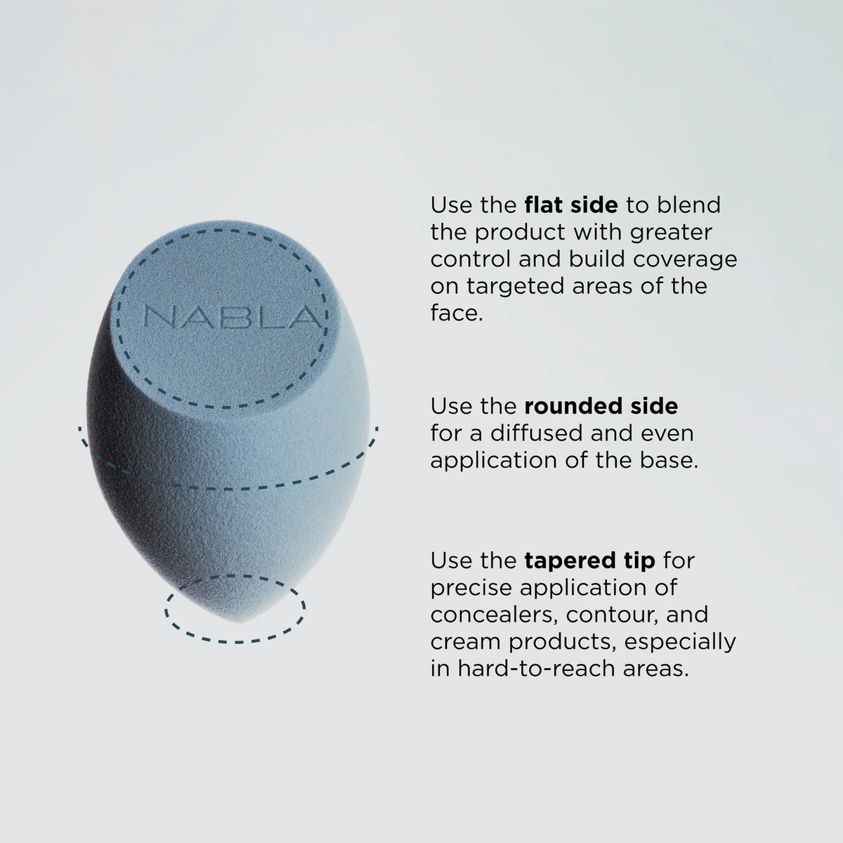 Der Blended-up Pro Tapered Sponge von NABLA Cosmetics verfügt über flache, abgerundete und spitz zulaufende Seiten für einen vielseitigen Make-up-Auftrag.