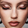 Die Frau trägt einen auffälligen grafischen Eyeliner mit NABLA Cosmetics Cupids Arrow Micro, die Augen sind geschlossen, um das detaillierte Make-up-Design zu zeigen.