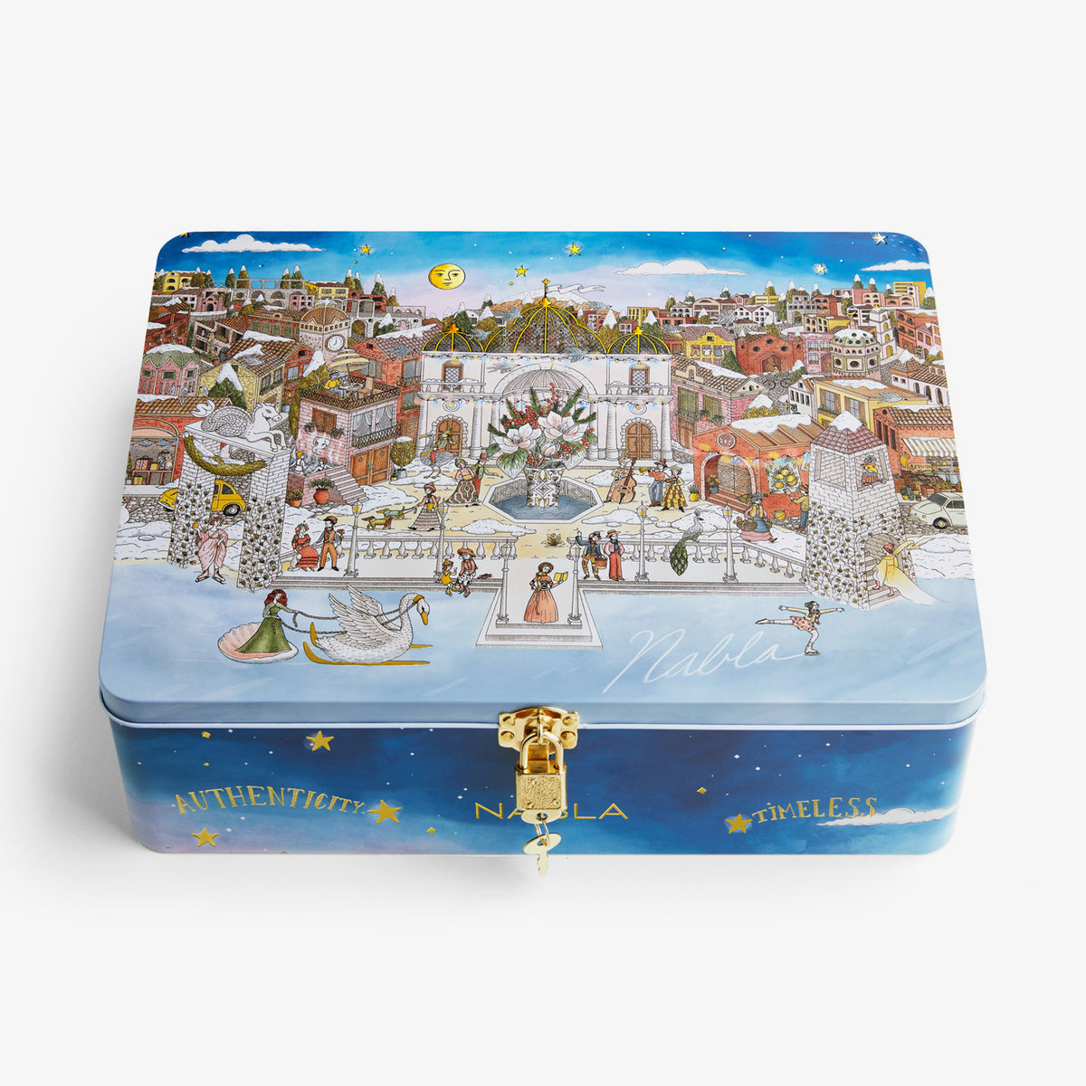 Der NABLA Adventskalender 2025 von NABLA Cosmetics wird in einer dekorativen Blechdose mit einer farbenfrohen Stadtillustration, einem goldenen Verschluss und den Aufschriften "Authenticity" und "Timeless" geliefert.