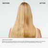 Vor und nach der Anwendung von OLAPLEX N°3 PLUS Complete Repair Treatment auf langem blonden Haar, von hinten gesehen.