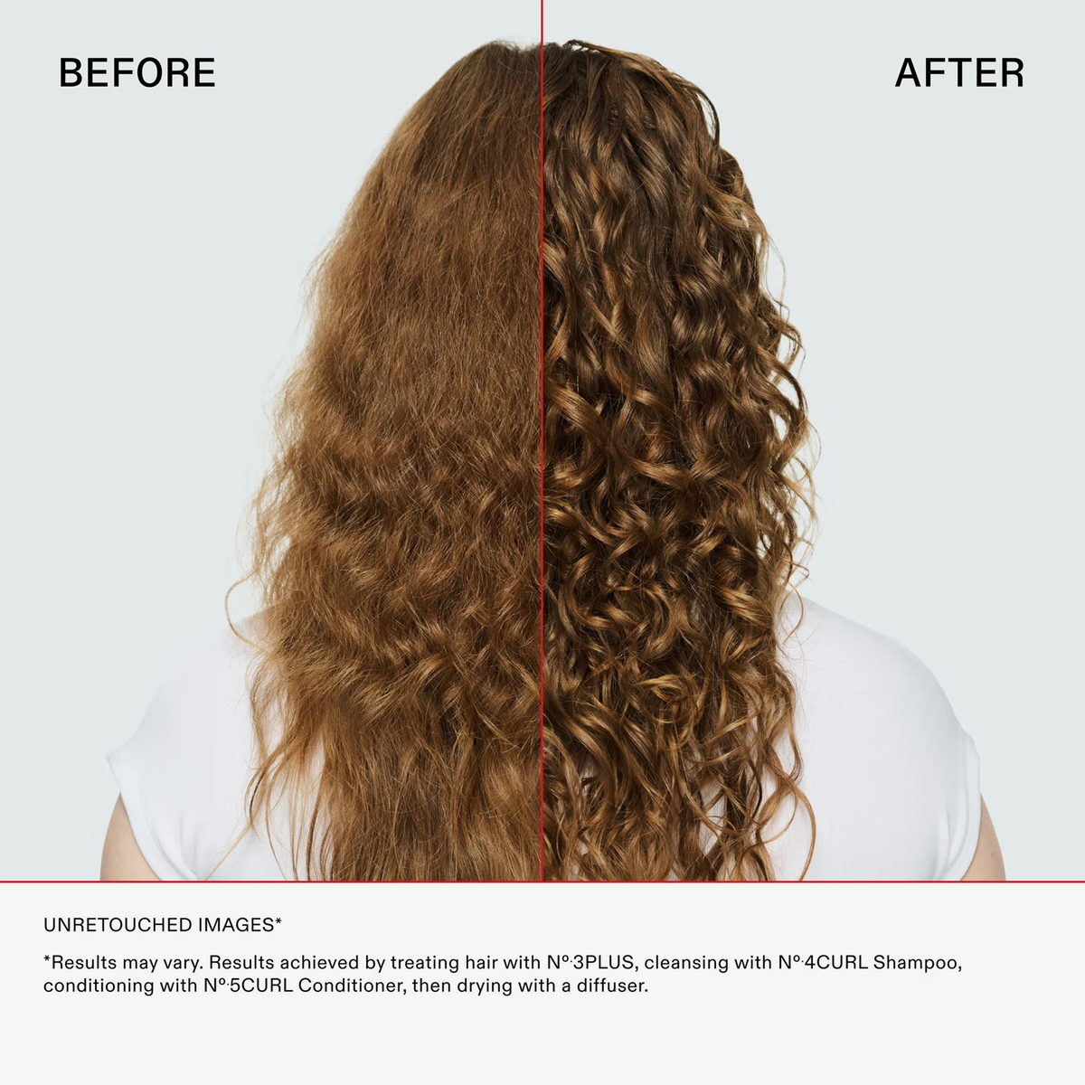 Geteiltes Haarbild: Auf der einen Seite krauses Haar, auf der anderen Seite glänzende, definierte Locken nach der Anwendung des OLAPLEX N°4 CURLBond Shaper Shampoos.