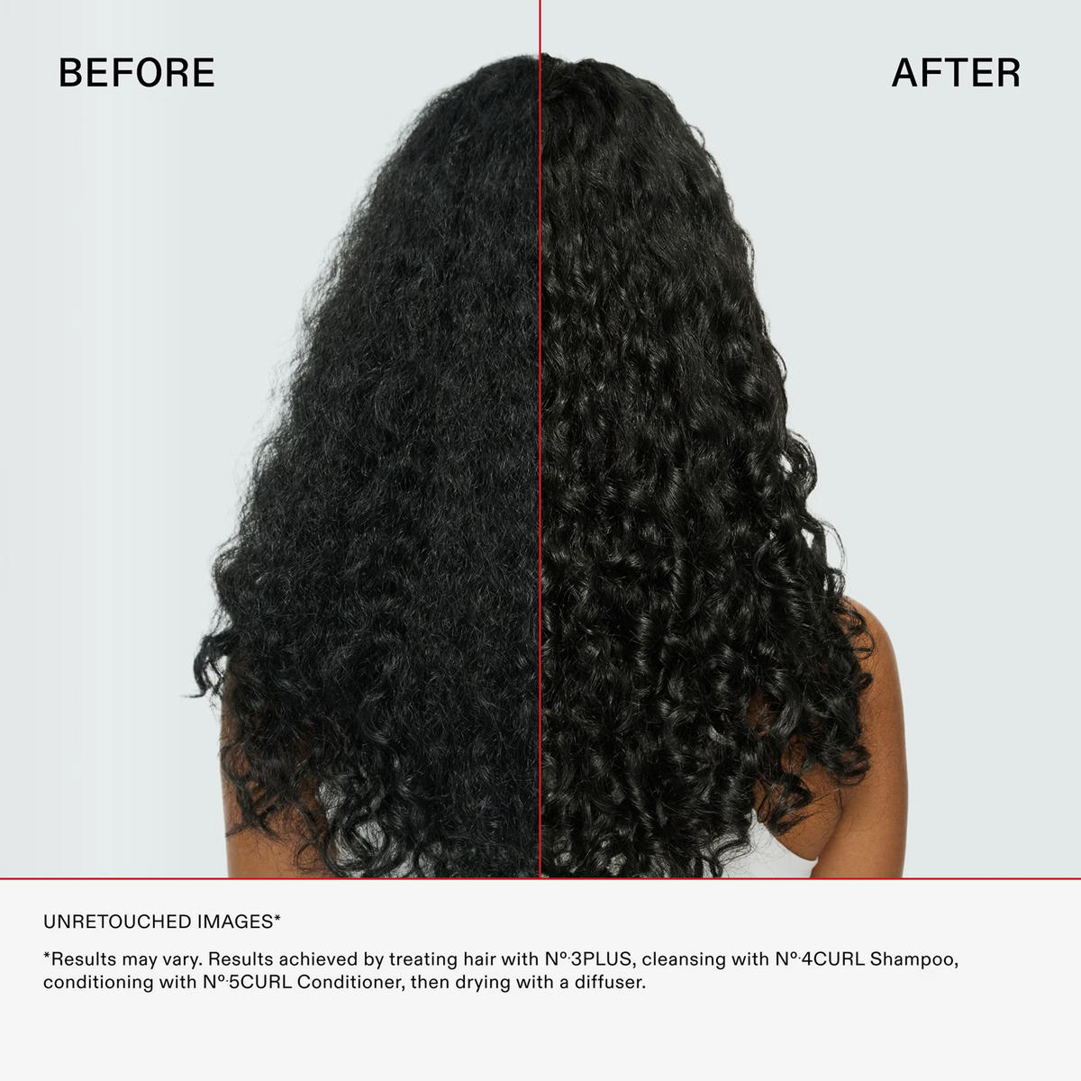 Vorher-Nachher-Vergleich: Links ist krauses Haar zu sehen, rechts definierte, glänzende Locken nach der Anwendung des OLAPLEX N°4 CURLBond Shaper Hydrating Curl Shampoos.