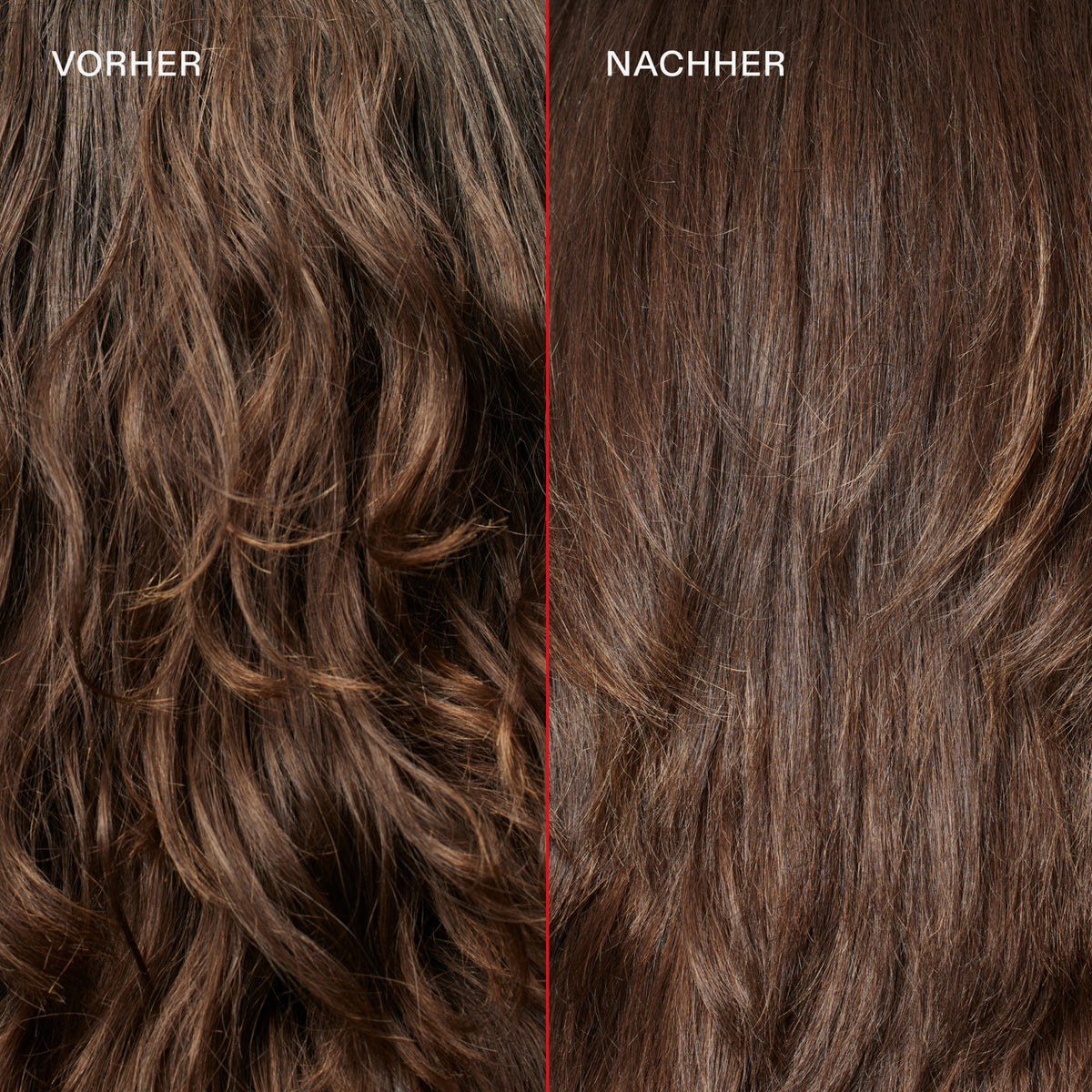 Braunes strapaziertes Haar (links) vor und glänzendes glattes Haar (rechts) nach der Anwendung des N°5 Bond Maintenance Conditioner.