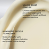 Die cremefarbene Textur der OLAPLEX Weightless Nourishing Mask im Hintergrund; darüber Infos zum Volumen-Boost Complex und zur innovativen Biomimetic Cuticle Technology.
