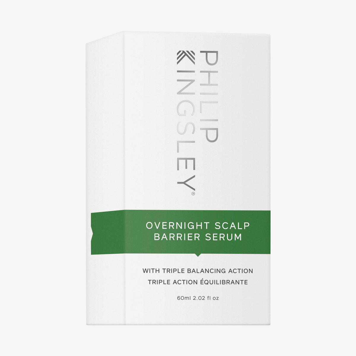 Weiße Schachtel mit dem „Philip Kingsley Overnight Scalp Barrier Serum“, 60 ml, grünes Etikett mit Produktinformationen.