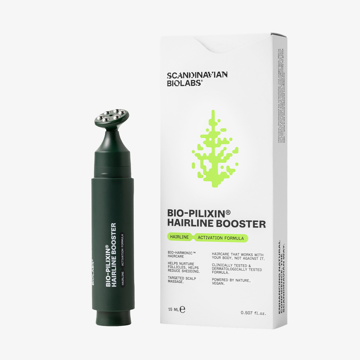 Der Bio-Pilixin® Hairline Booster von Scandinavian Biolabs kommt in einer grün-weißen Verpackung, die sowohl die Flasche als auch die Schachtel ziert.