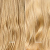 Blondes Haar nebeneinander: links wellig und kraus (vorher), rechts glatt und glänzend (nachher) nach der Anwendung von SHYNE Cloud Conditioner.