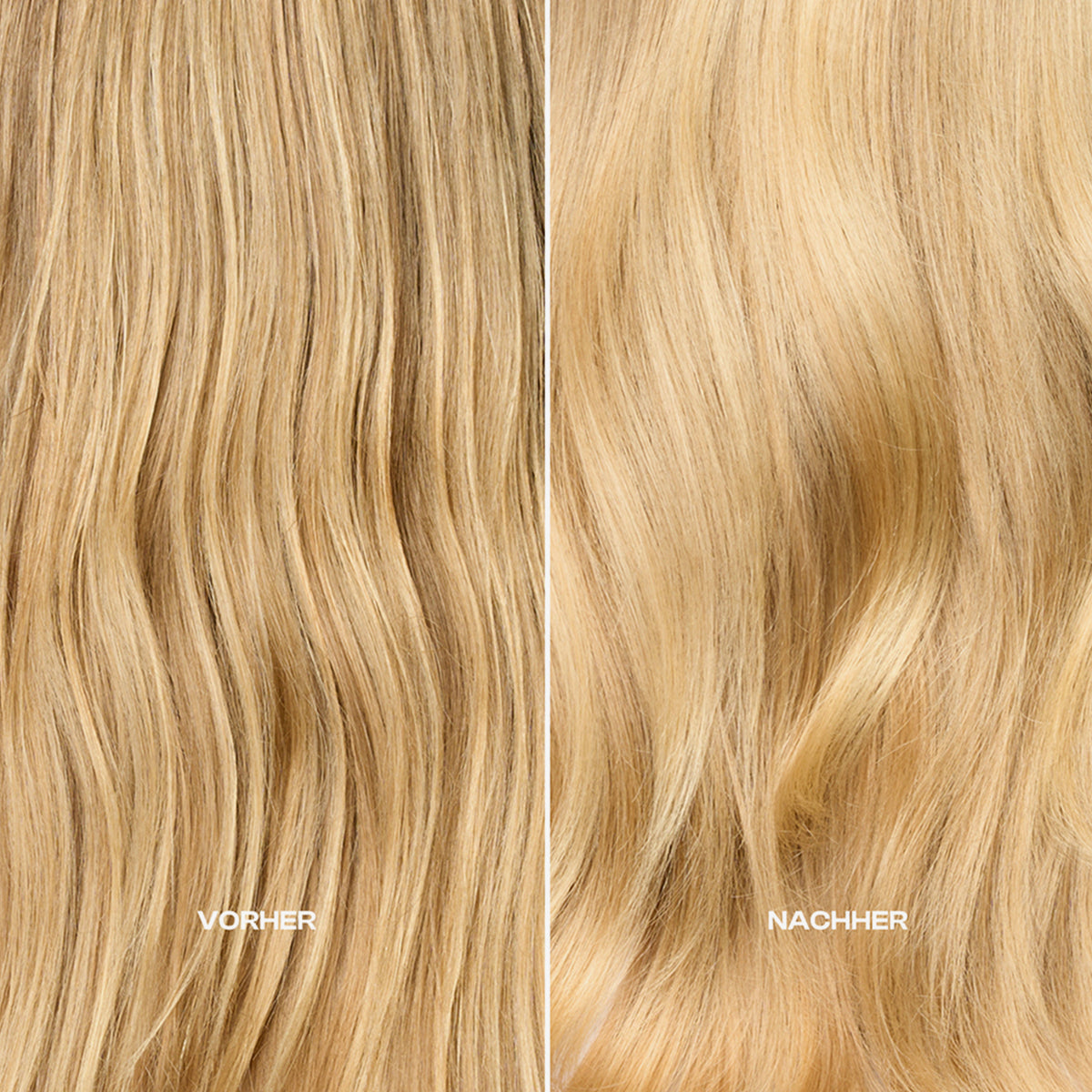 Blondes Haar nebeneinander: links wellig und kraus (vorher), rechts glatt und glänzend (nachher) nach der Anwendung von SHYNE Cloud Conditioner.