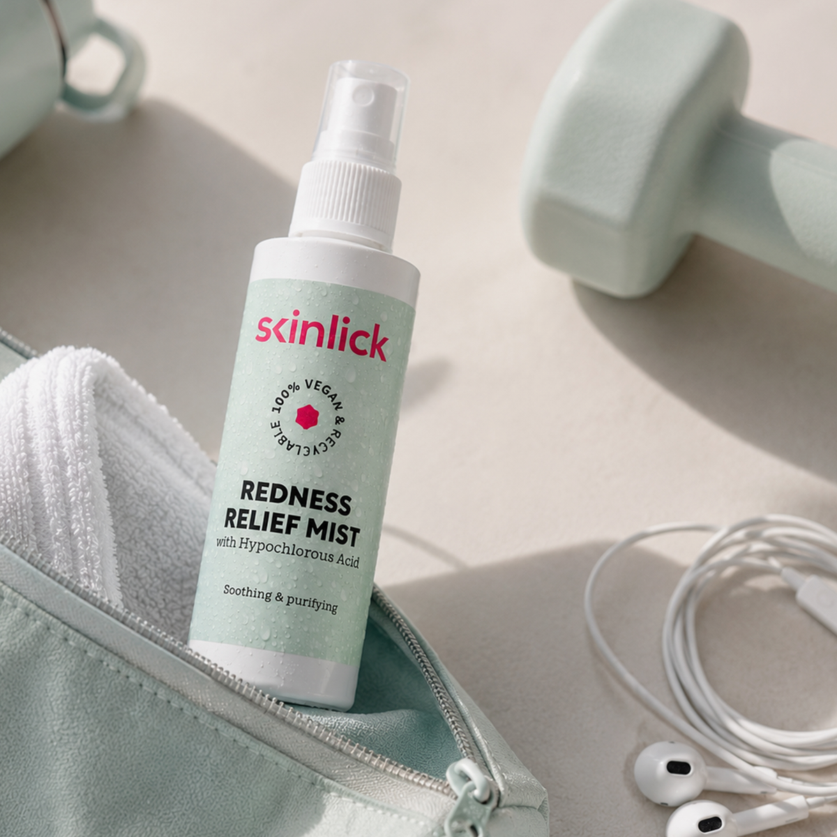 Eine Flasche Skinlick Redness Relief Mist in einem offenen Beutel, umgeben von einer Hantel und Ohrhörern.