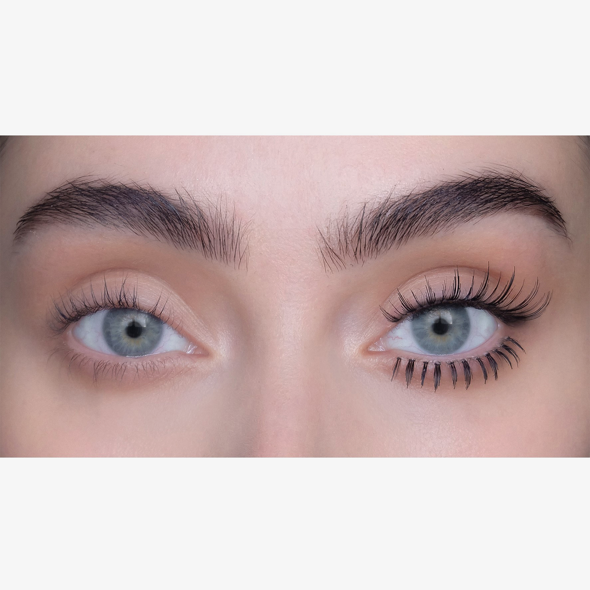 Eine Nahaufnahme: Das linke Auge ist ungeschminkt, das rechte besticht durch lange, definierte Wimpern, geschminkt mit „Nikki Defined Underlash“ von SWEED.