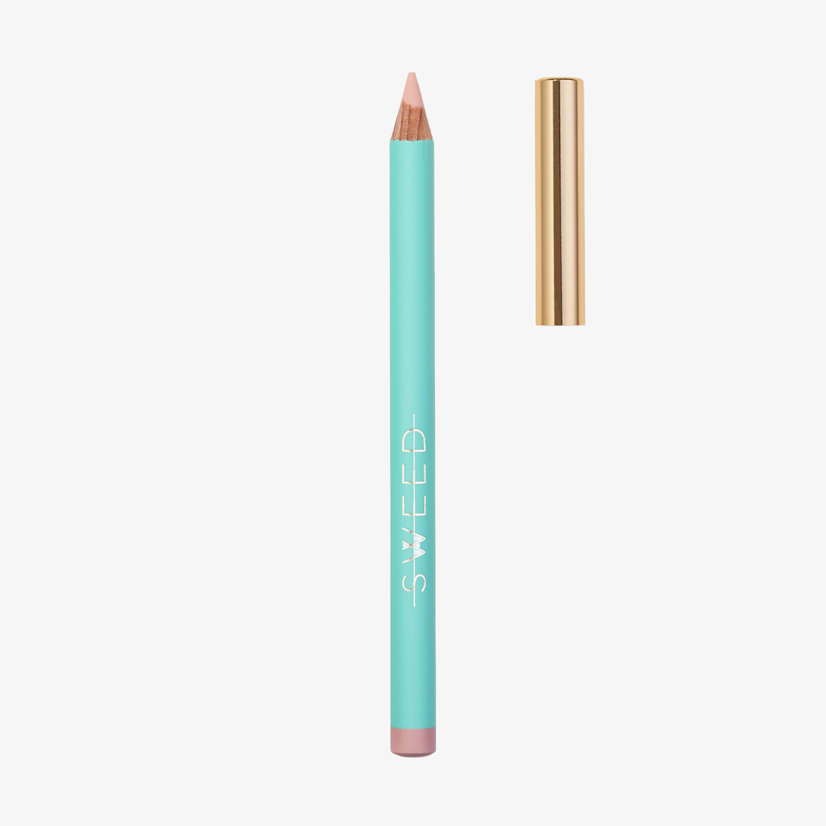 SWEED Satin Kohl Eye Pencil in Türkis mit rosa Spitze und goldener Kappe, abgebildet ohne Kappe, auf weißem Hintergrund.