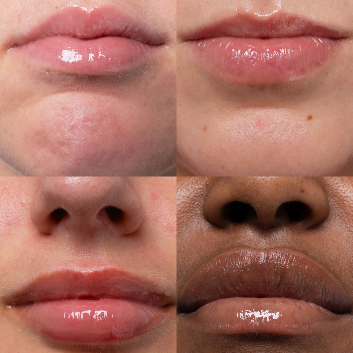 Nahaufnahme von vier Lippenpaaren mit unterschiedlichen Hauttönen und Lipgloss SPF50, angeordnet in einem Raster.