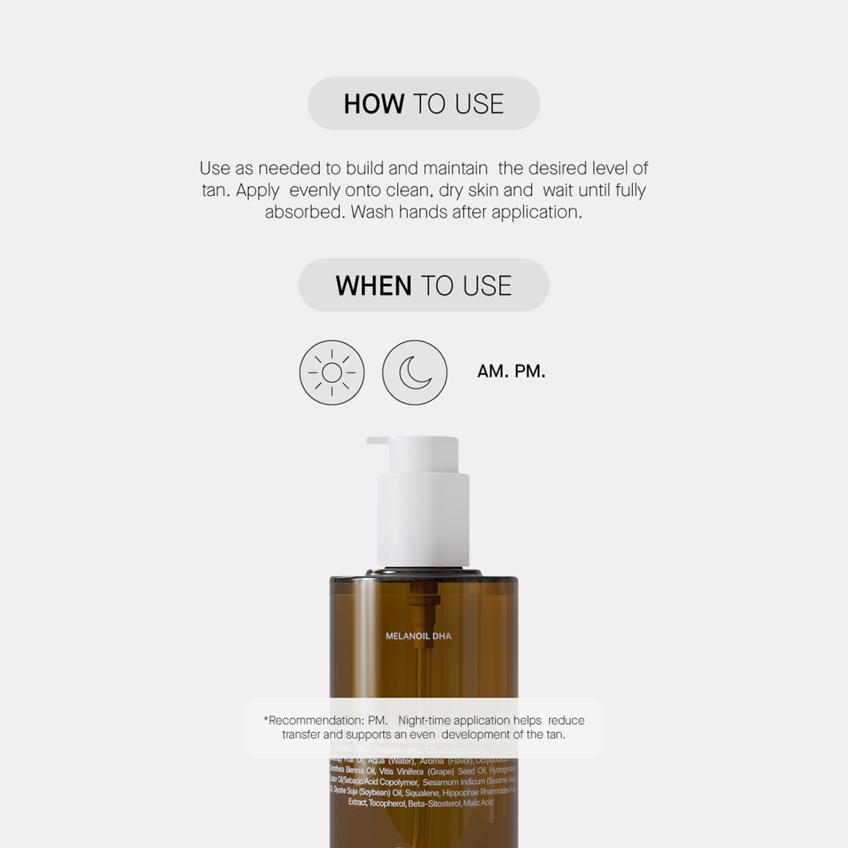 Melanoil DHA von Transparent Lab in einer bernsteinfarbenen Pumpflasche, mit Anwendungshinweisen zum Aufbau und zur Pflege der Bräune.