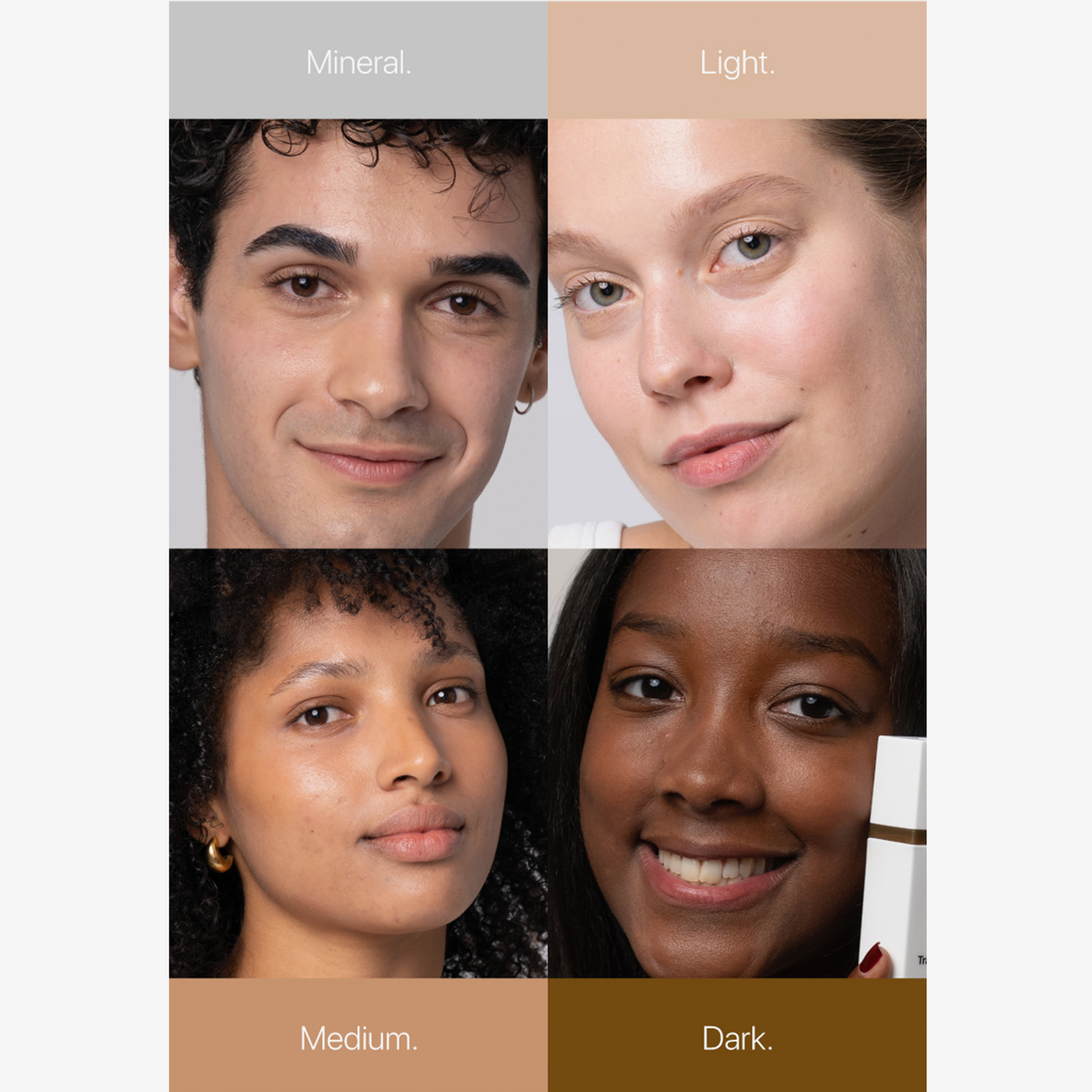 Vier Personen mit unterschiedlichen Hauttönen – „Mineral“, „Light“, „Medium“ und „Dark“ – lächeln mit der getönten Sonnencreme „Transparent Lab Mineral Tinted Sunscreen“.