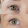 Nahaufnahme eines menschlichen Auges vor (oben) und nach (unten) der Anwendung des XLASH Xlash Sensitive Eyelash Serums auf den Wimpern.