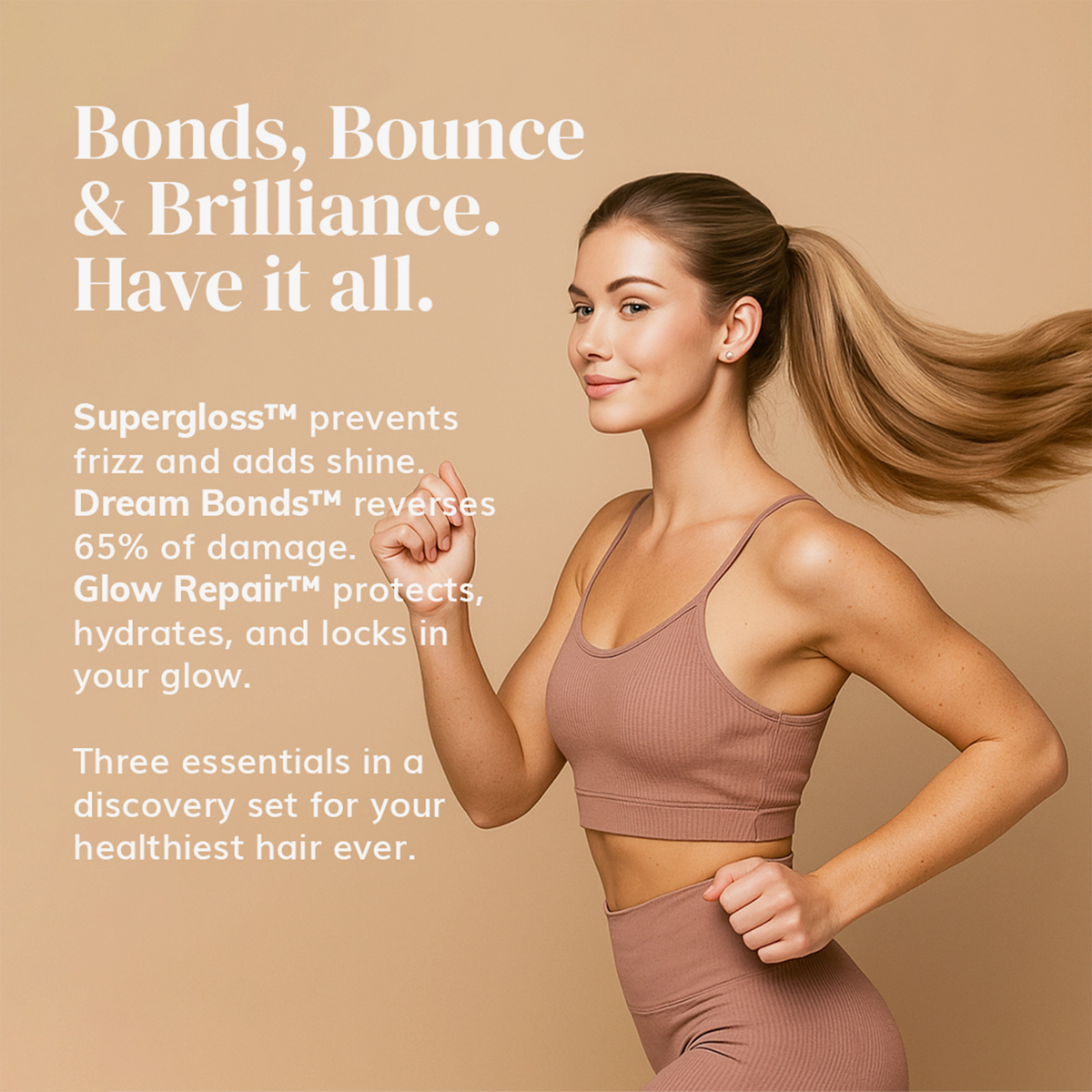 Eine Frau mit langen Haaren, die zu einem Pferdeschwanz zusammengebunden sind, trägt hautfarbene Sportbekleidung und präsentiert die Kollektion „Bonds, Bounce, And Brilliance“ von Abyssian vor einem beigen Hintergrund.