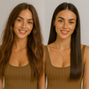 Eine Frau mit braunen Haaren, vor und nach der Anwendung des Abyssian Nano Repair Conditioners, lächelt auf beiden Fotos; sie trägt ein braunes Trägertop und eine goldene Halskette.