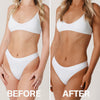 Vorher und nachher einer Frau in einem weißen Bikini, die ihre Haut mit Bali Body's Clear 1 Hour Express Tan in einen gebräunten Ton verwandelt hat.
